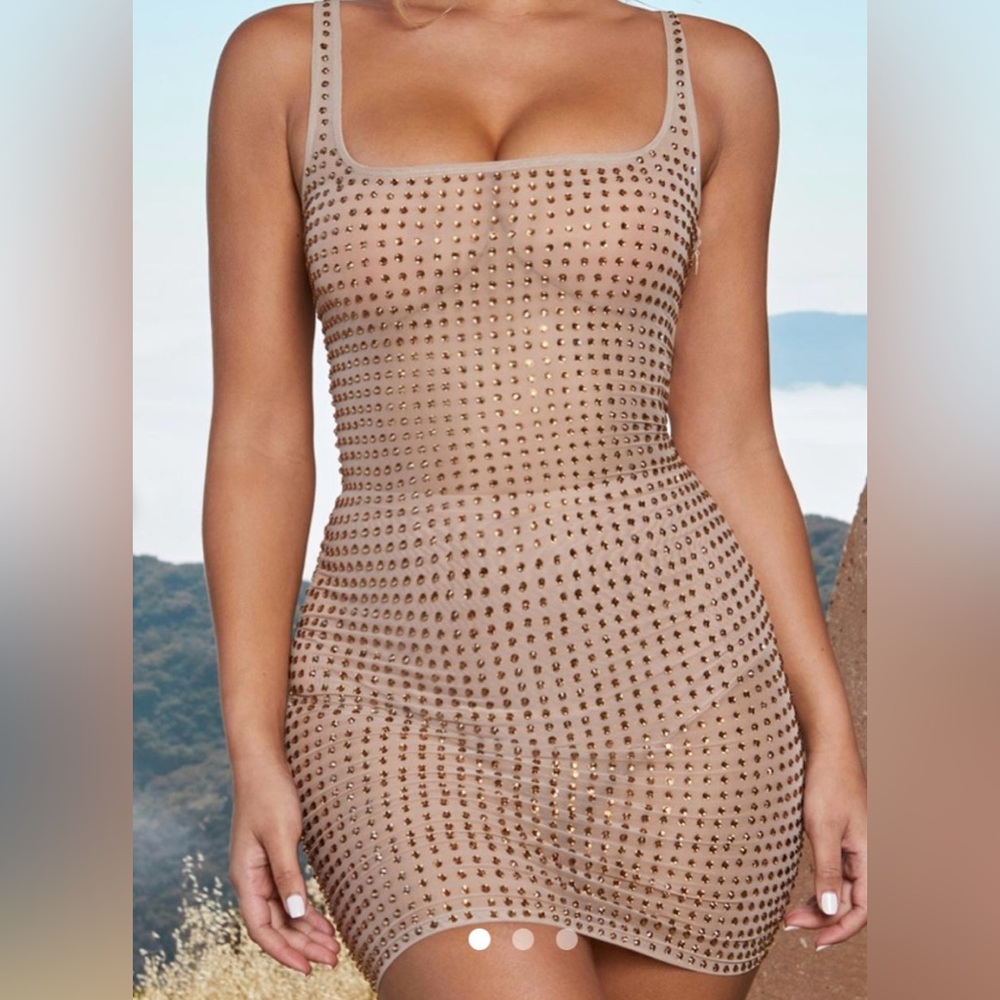 Oh Polly Gold Studded Tan Dress